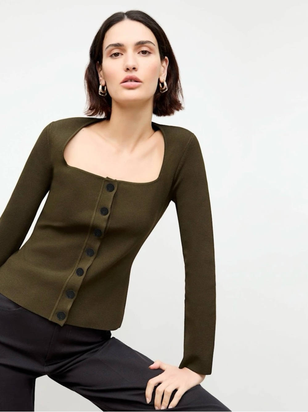 MM Lafleur Olive Green Square-Neck Button-Front Cardigan